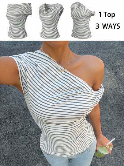 Muchica 1 Top 3 Ways Apricot Striped Knit Versatile Top For Women, Summer For Women, Going Out Top