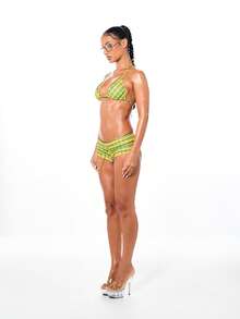 SUMWON WOMEN Yellow Green Striped Halter Bikini Set With Triangle Top And Lace Up Bottom Summer Beach Swimwear - Multicolor - View 5