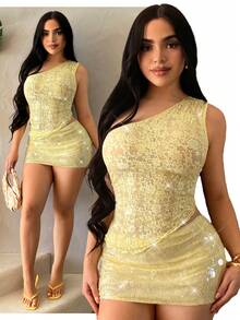 SHEIN SXY Women's Pale Yellow Lace Sequin Sheer Sleeveless Top,Seductive One Shoulder Sparkly Top For Summer,Night Out Club,Party,Rave,Valentine's Day,Beach,Y2K - Light Yellow - View 3