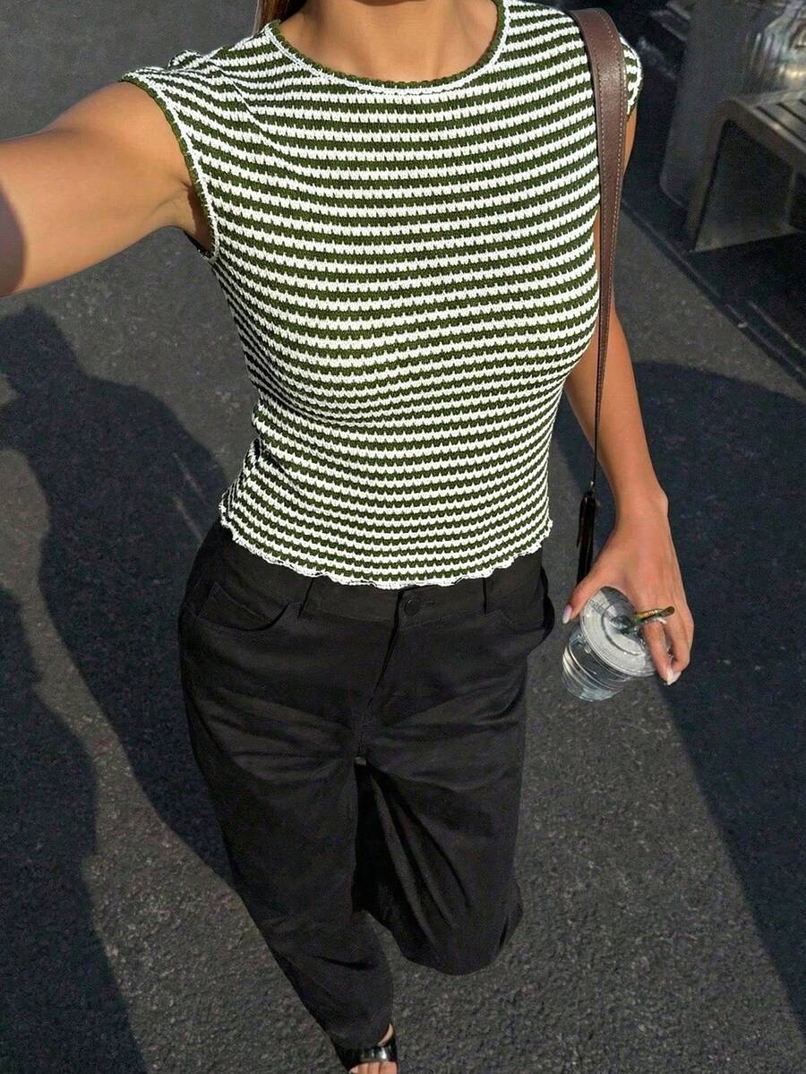 Siren Gaze 女士条纹圆领蝙蝠袖修身T恤，夏季 - 軍綠色 - 查看 1