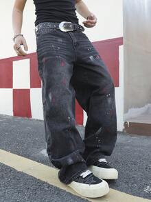 Manfinity EMRG Men's Black Distressed Denim Wide Leg Jeans, Casual Street Style - Black - View 1