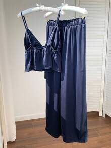 Comfortcana 女士海军蓝亚麻吊带背心和裤子两件套 - 藏蓝色 - 查看 2