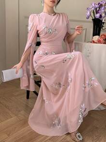DAZY 女士优雅亮片花卉褶皱系腰中长连衣裙，春夏婚礼宾客礼服，女士长款连衣裙 - 粉色 - 查看 3