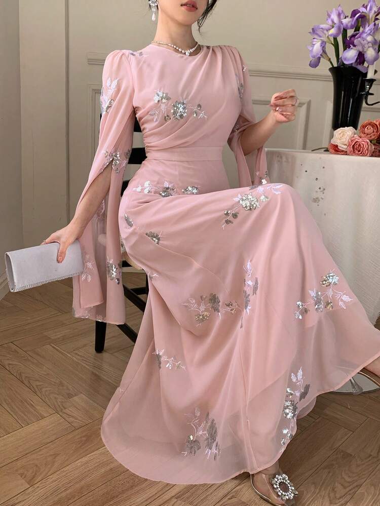 DAZY Women's Elegant Sequin Floral Pleated Tie-Waist Mid-Length Dress, Spring/Summer,Wedding Guest Dress Women Maxi Dress Sundress - Pink - View 3