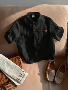 SHEIN 1pc Young Boys' Casual Collegiate Comfortable Linen Mandarin Collar Patch Pocket All-Match Versatile Shirt - Black - View 3