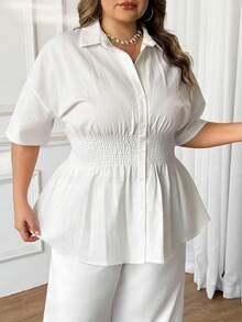 SHEIN CURVE+ 大码女式夏季休闲日常通勤简约纯色收腰宽松衬衫 - 白色 - 查看 4