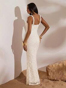 Opulessa 女士度假纯色针织蕾丝修身连衣裙 - 白色 - 查看 3