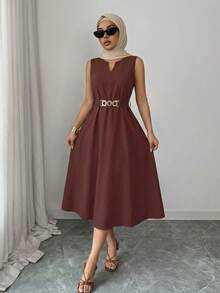 SHEIN Clasi 女士优雅 V 领橙色中长连衣裙，金属环扣腰带，合身腰部设计，春夏 - 棕色 - 查看 5