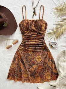 Soleia Vestido mini con volantes y estampado de cara de sol para vacaciones de mujer - Naranja - Ver 4