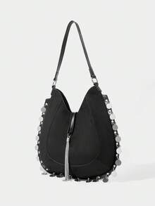 SHECARRY Casual Shoulder Bag With Metal Tassel Trim - Black - View 2