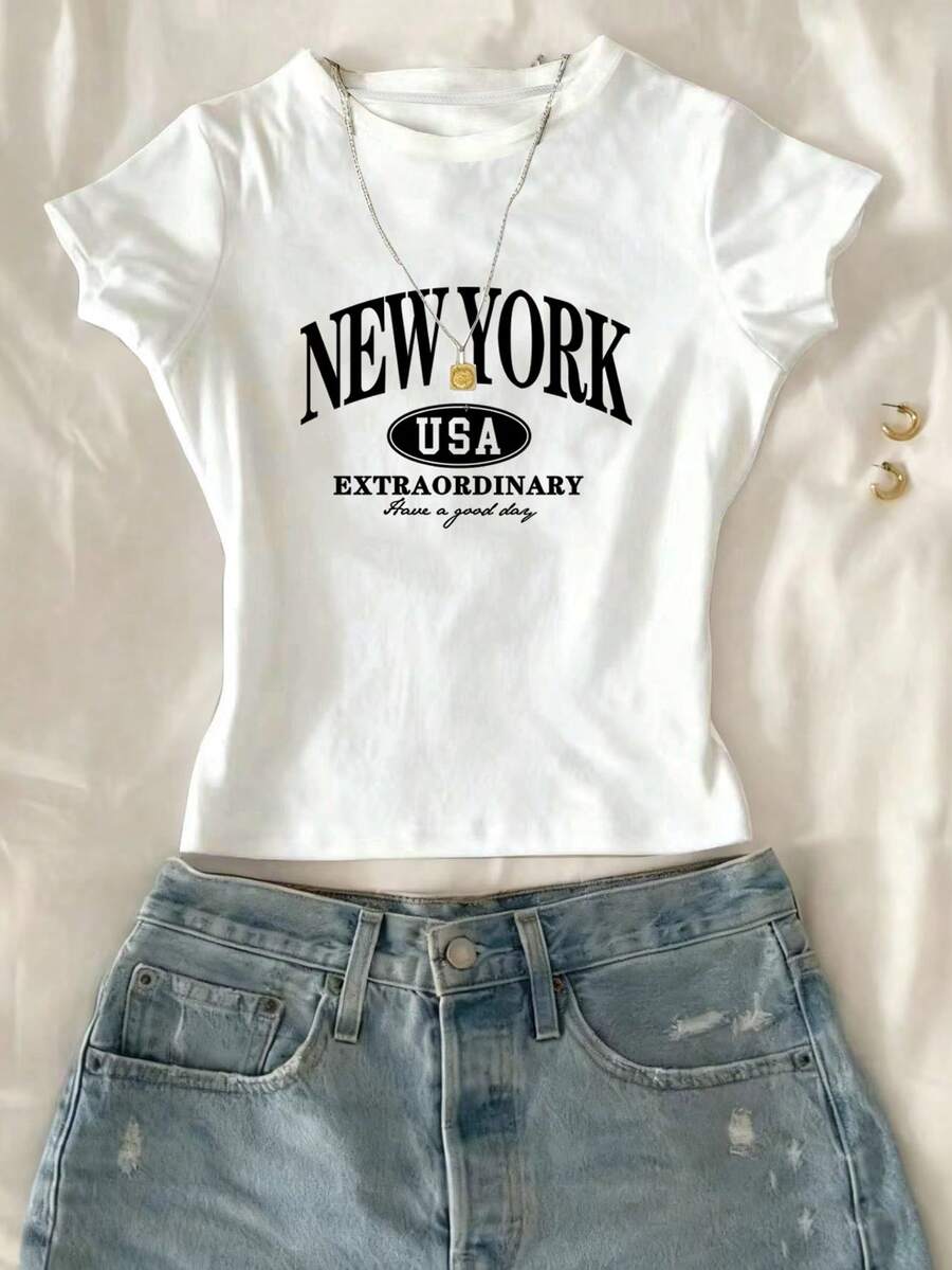 SHEIN 1 buah Crop Top Lengan Pendek Pas Badan, Motif Huruf Hitam, Gaya Minimalis Serbaguna untuk Remaja Putri, Cocok untuk Musim Panas, Musim Gugur, dan Kembali ke Sekolah - Putih - View 1