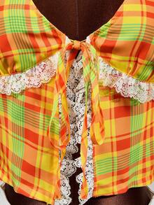 Mistrie Women's Fashionable Checkered Print Ruffled Lace Blouse With Ruffled Lace At The Neckline. Checkered Print Blouse With Backless Ruffled Lace Detail. Women's Fashionable Piece. - Multicolor - View 3