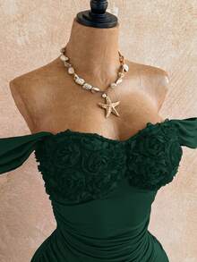 Soleia Women's 3D Floral Decor Off Shoulder Ruched Fitted Mini Dress,Summer Dress,Vacation Dress - Green - View 4