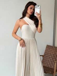 Firerie 优雅浪漫不对称网纱抹胸高腰阔腿连体裤，适合晚宴、节日、情人节、约会、婚礼、出席宾客、度假等场合。 - 杏色 - 查看 3