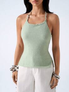 LYSMO 2026新款极简主义春夏休闲纯色露背吊带针织上衣/女士夏季/春假/海滩/外出上衣/外出/外出/度假/夏季度假/女士休闲衬衫/女士休闲/亮片上衣/毕业典礼/Y2K/女士社交衬衫/衬衫/时尚轻便职场上衣/教师/办公室着装/机场/绿色上衣 - 綠色 - 查看 5