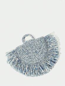 SHECARRY 女士手提包，草编包，流苏包，时尚，优雅，简约，个性化，适合海滩、度假、假日、夏季、海边 - 霧霾藍 - 查看 5