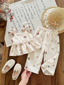 SHEIN LMoss Kids 女婴夏季可爱黄色条纹吊带背心和松紧腰裤套装 - 杏色 - 查看 2