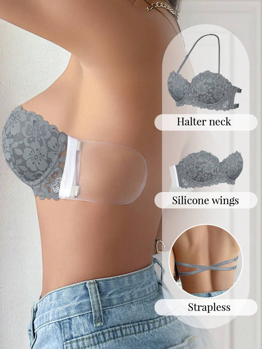 1pc Lace Backless Underwire Bra, Small Bust Enhancing Seamless Strapless Camisole Bra - Grey - View 1
