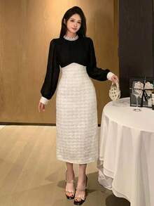 DAZY 优雅撞色高领修身中长连衣裙，适合派对、庆典、婚礼宾客等场合的及地长裙 - 黑與白 - 查看 4