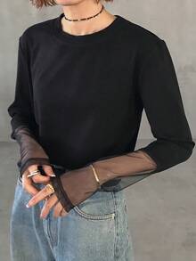 FRIFUL Women's Patchwork Leopard Print Crew Neck Long Sleeve Casual Loose Versatile T-Shirt, Autumn/Winter - Black - View 6