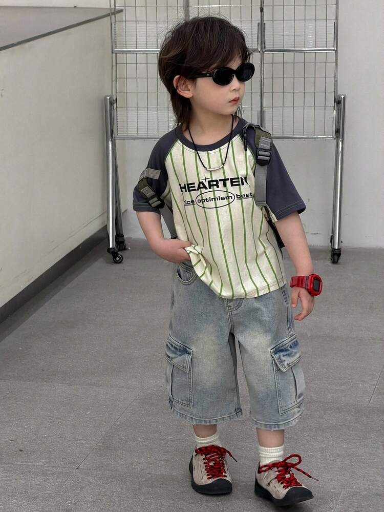 Young Boy Elastic Waist Slant Pocket Casual Loose Denim Shorts Summer