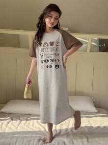 Dazy Kids Tween Girls Colorblock Print Short Sleeve Knit Nightgown Loungewear Summer - Brown - View 2