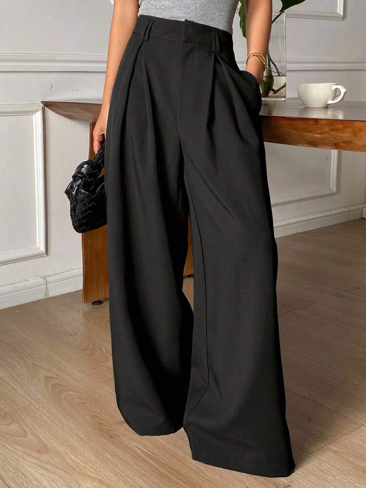Women's Pleated Wide Leg Pants, Loose Solid Color Elegant Trousers For Spring & Autumn