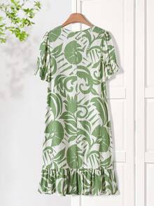 Vestido casual de manga corta de longitud media con cuello redondo y estampado total para mujer - Beis - Ver 8