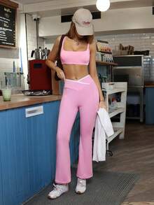 MainGRL Women's Casual Pink Asymmetrical Waistband Knit Flare Pants, Spring Women, Women's Sports Pink Pants Pink Bottoms For Women - Pink - View 4
