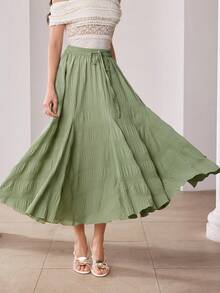 Modelyn Chân váy xanh lá cây mềm mại, rủ nhẹ, có họa tiết, dáng bất đối xứng, cạp chun co giãn, kiểu dáng suông, thanh lịch. - màu xanh lá - Xem 2