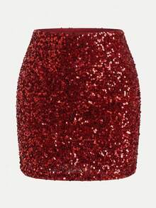 SHEIN Tall Women's Party Sequin Bodycon Mini Skirt Halloween Halloween Clothes Winter Clothes Red Sequin Skirt - Burgundy - View 5