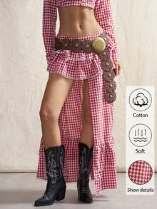 SHEIN ICON 女士格子荷叶边不对称下摆时尚半身裙 - 紅色 - 查看 6