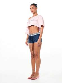 BABYPHAT Off Shoulder Logo Rhinestone Embellished Crop T-Shirt With Frayed Edges And Short Sleeves - Pink - View 5