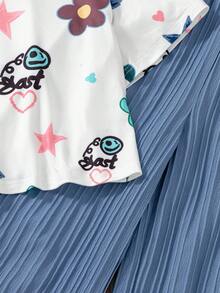 SHEIN 2pcs/Set Girls Floral All-Over Print T-Shirt And High Waist Textured Wide Leg Pants Set - Blue - View 5