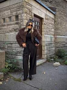 ORNATELLA 复古仿毛领夹克，秋冬时尚单品 - 棕色 - 查看 5