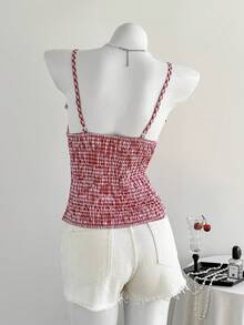 Elamini Sexy, schickes rotes kariertes Trägertop mit Bindedetail, ärmellos, Crop-Top, vielseitiges Sommer-Tanktop für Frauen - Rot - Übersicht 2