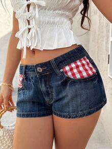 Sunnyshic 低腰时尚格纹撞色水洗牛仔短裤 - 深色水洗藍 - 查看 6