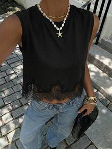 Siren Gaze 女士纯色圆领撞色蕾丝休闲背心 - 黑色 - 查看 3