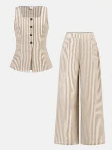 Firerie Kids 2pcs Tween Girls Casual Outfit - Vest Top + Loose Pants Set, Fashionable, Versatile, Suitable For Party, Outing, Photoshoot With Sisters, Park, Camping, Vacation, Daily Wear - Khaki - View 11