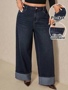 Elaquor 大码休闲水洗弹力腰直筒牛仔裤 - 深色水洗藍 - 查看 2