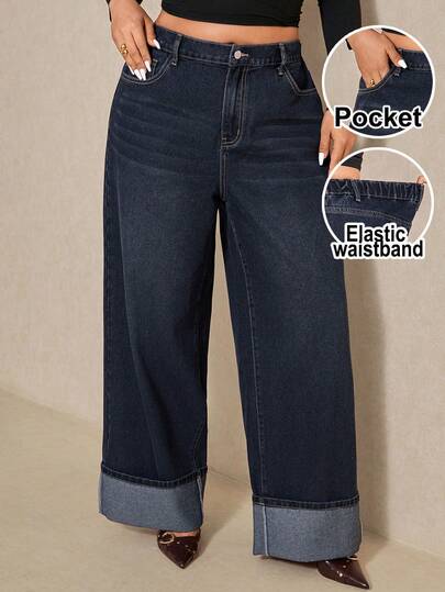 Elaquor 大码休闲水洗弹力腰直筒牛仔裤