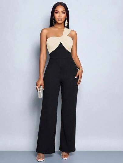 SOLERSUN Spring/Summer Women's Wear: Elegant And Charming, Perfect For Parties, Weddings, Black And Apricot Color Block, Knit Fabric, Sexy And Fitting, Sleeveless, Asymmetrical Neckline With Off-Shoulder Design, Pleated Straight Leg Jumpsuit/Pants