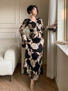 DAZY 女士优雅花卉V领喇叭袖套头衫和鱼尾裙两件套，春夏款 - 黑色 - 查看 7