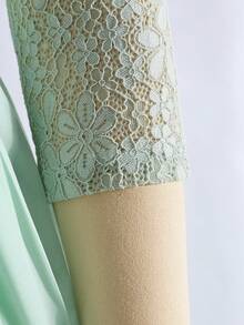 SHEIN Vestido de gasa de unicolor de cintura alta y longitud media con mangas de pétalos y ribete de encaje, elegante y minimalista, color verde, adecuado para graduación de adolescentes y bodas - Verde - Ver 3