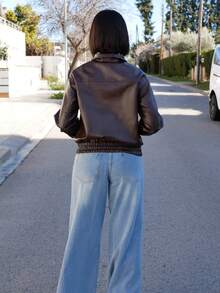 Yess Loren Damen Einfarbige Lange Ärmel Reißverschluss Vorne PU Leder Lässige Jacke, Herbst Frauenkleidung - Kaffeebraun - Übersicht 2