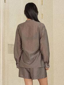 Dazy-Less 女士休闲系带前开襟衬衫和短裤两件套，秋季款 - 灰色 - 查看 2