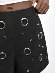 Maija Women's Black And Silver Fashionable Grommet Shorts,Studded Y2k High-Waisted Casual Shorts For Summer Street Dance Night Party Beach Summer Holiday - Black - View 5