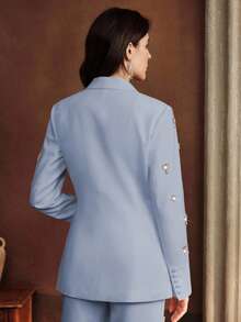 Elegante blazer minimalista y lujoso de mujer de alta gama, con adornos en la cintura, apropiado para vestidos de noche y ocasiones festivas - Celeste - Ver 7