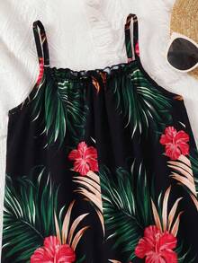 SHEIN Young Girl Vacation Casual Chiffon Ditsy Floral Jumpsuit - Black - View 4