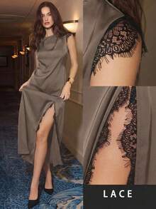 Maija 2026 Women's Lace Patchwork Flare Sleeve Round Neck High Slit Party Dress - Brown - View 9